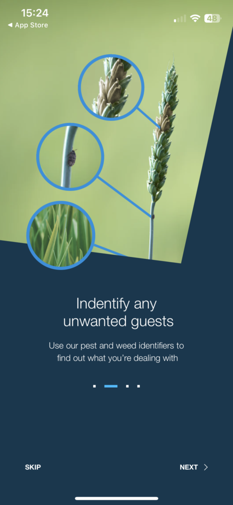 Onboarding explanation: "Identify any unwanted guests. Use our pest and weed identifiers to find out what you're dealing with." 