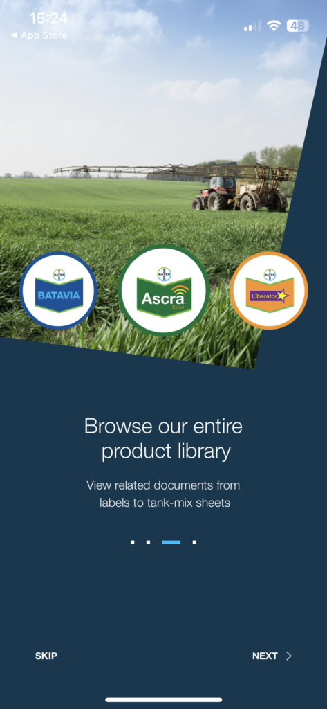 Onboarding explanation: "Browse our entire product library. View related documents from labels to tank-mix sheets." 