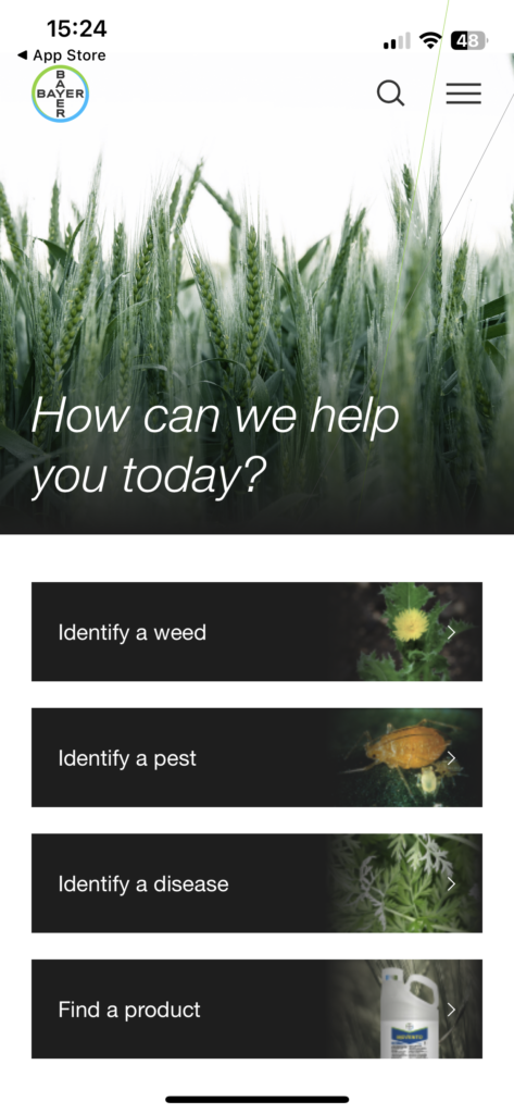 Homescreen: "How can we help you today?". Options include "Identify a weed" and "Find a product". 