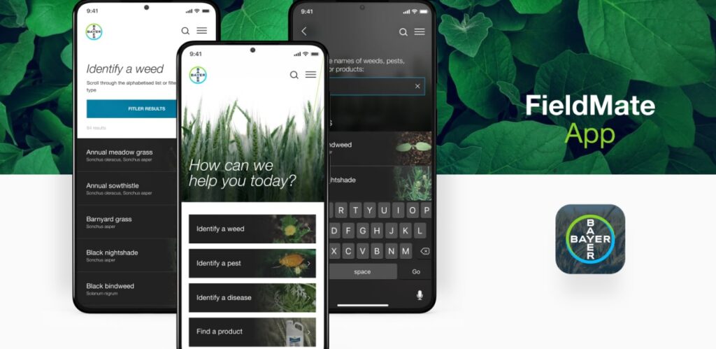 FieldMate app screens against a background of leaves
