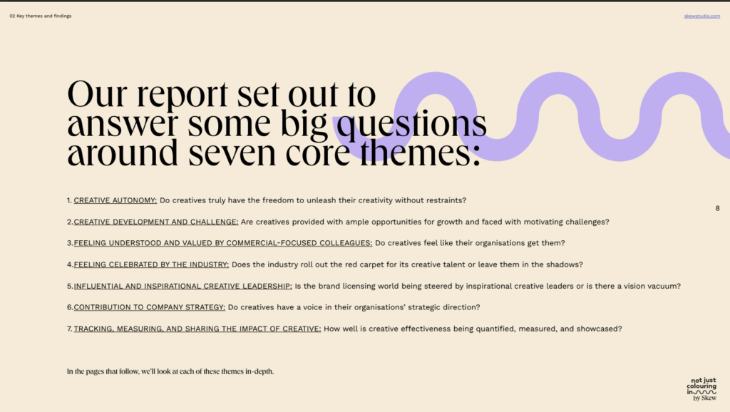 Slide outlining seven core themes explored through the survey.