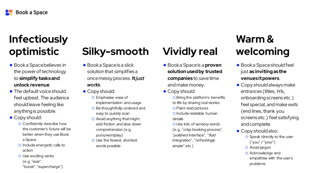 Screenshot from brand voice deck, detailing four key principles and how to apply them. The principles are 'infectiously optimistic', 'silky-smooth', 'vividly real', and 'warm and welcoming'.